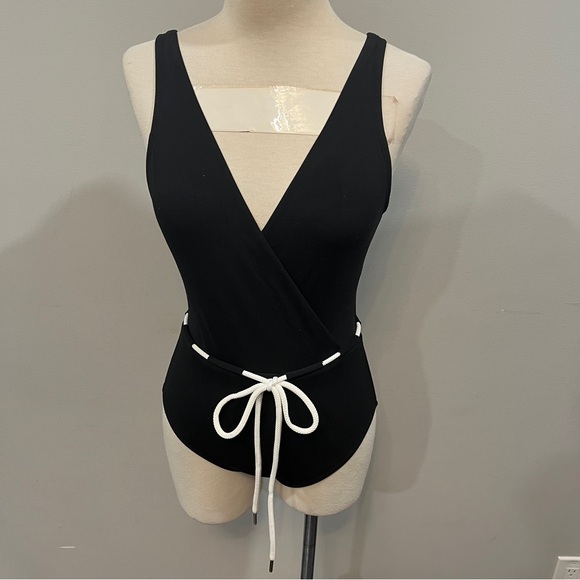 ROBIN PICCONE Black V Neck Bathing Suit with Tie Waist (4) - Picture 2 of 8